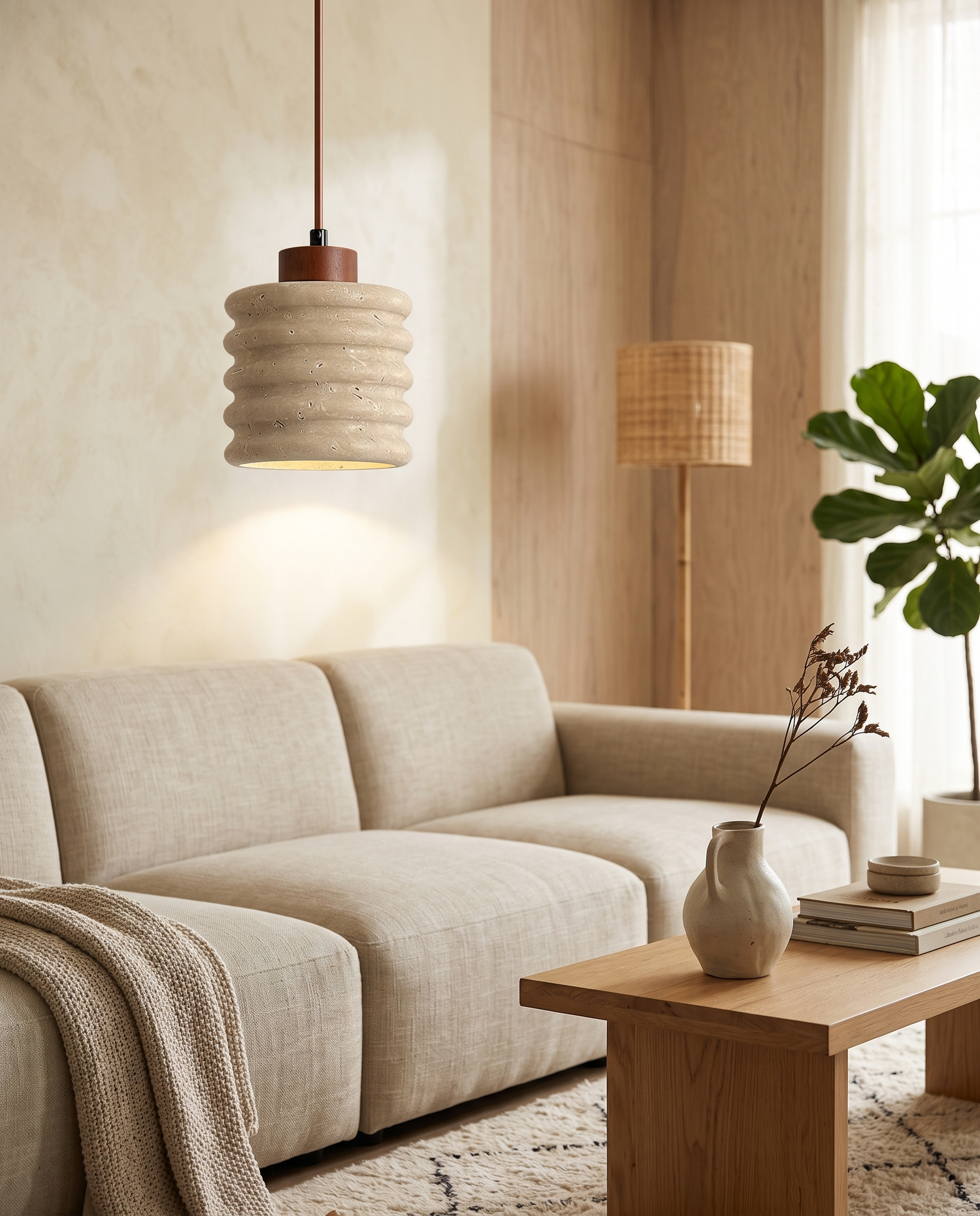 Onda Travertine Pendant Light in a living room