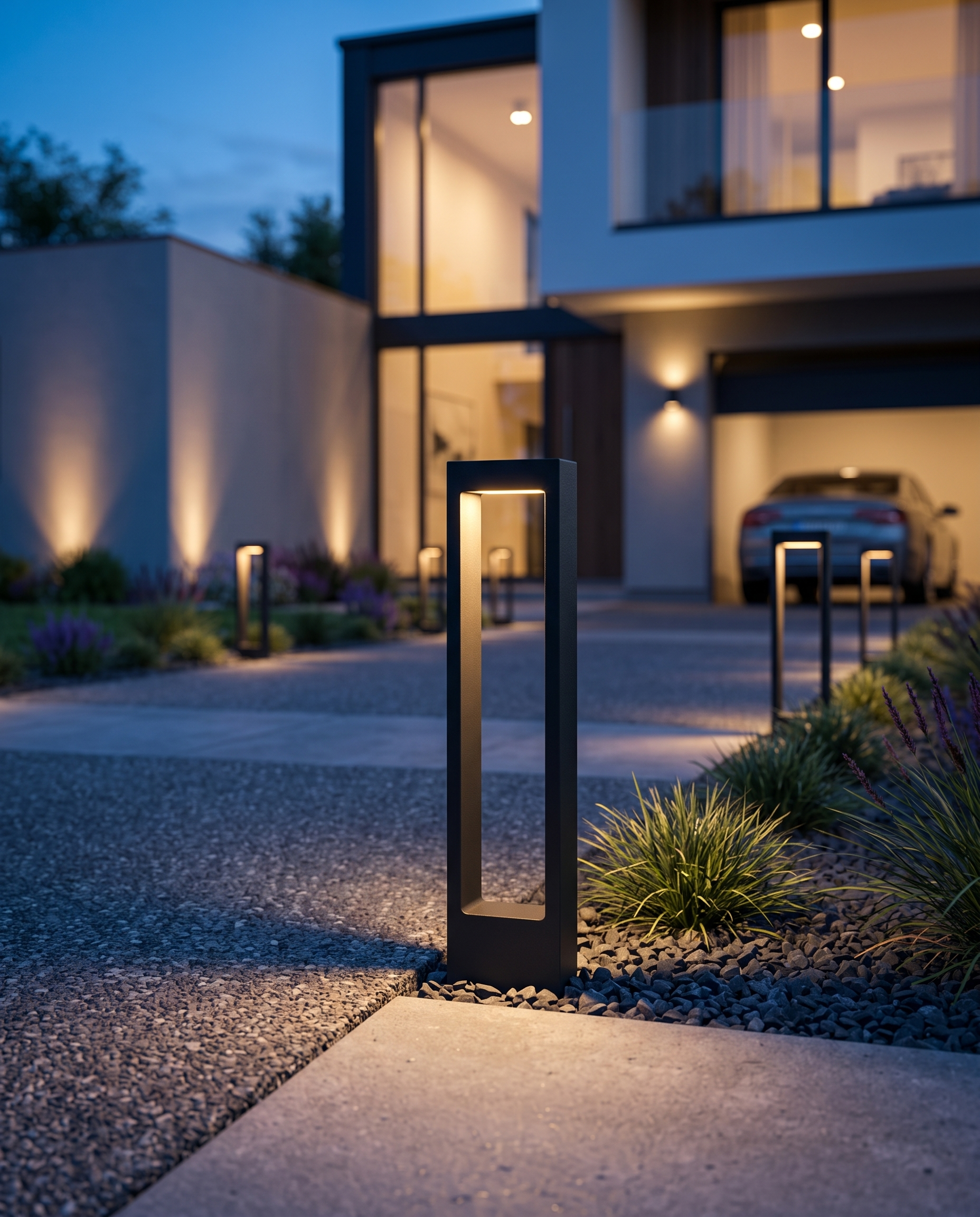 Vialo Outdoor Bollard Light along a driveway