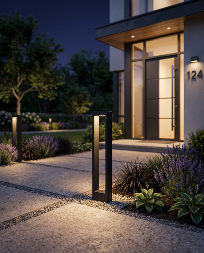 Vialo Outdoor Bollard Light by an entrance walkway