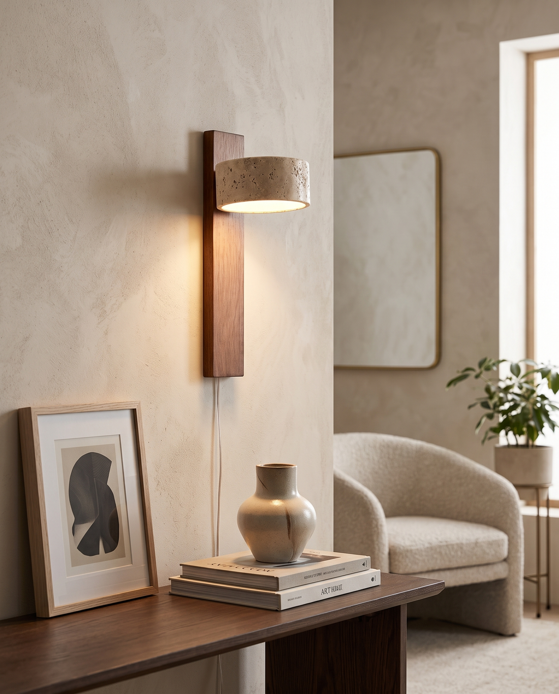 Perno Travertine Wall Light in a living room