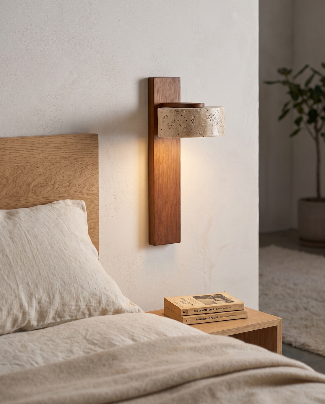 Perno Travertine Wall Light beside a bed