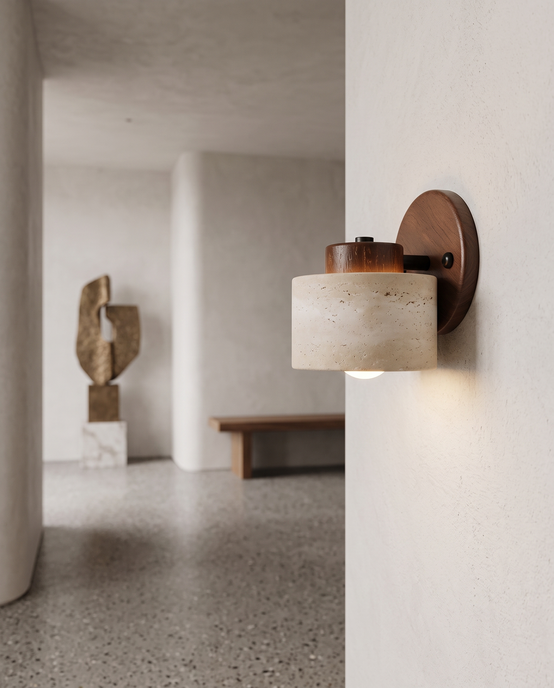Sasso Travertine Wall Light in a hallway
