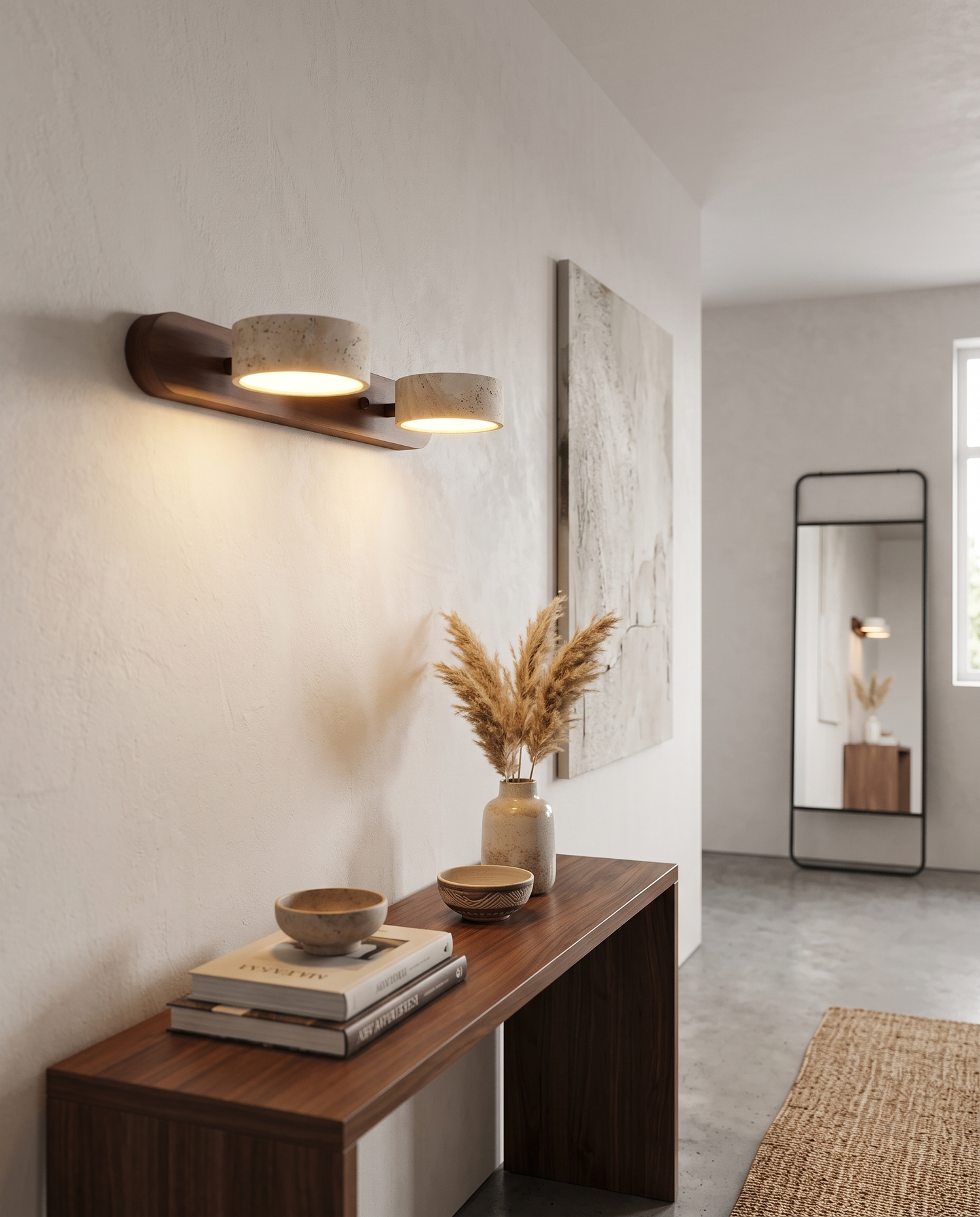 Filo Travertine Wall Sconce above a console table