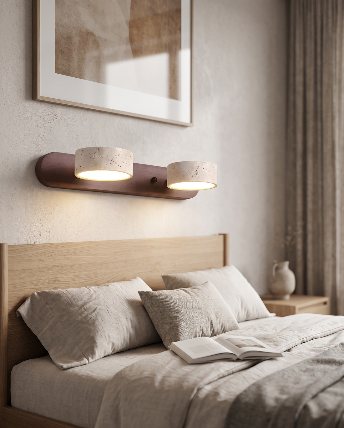 Filo Travertine Wall Sconce in a bedroom