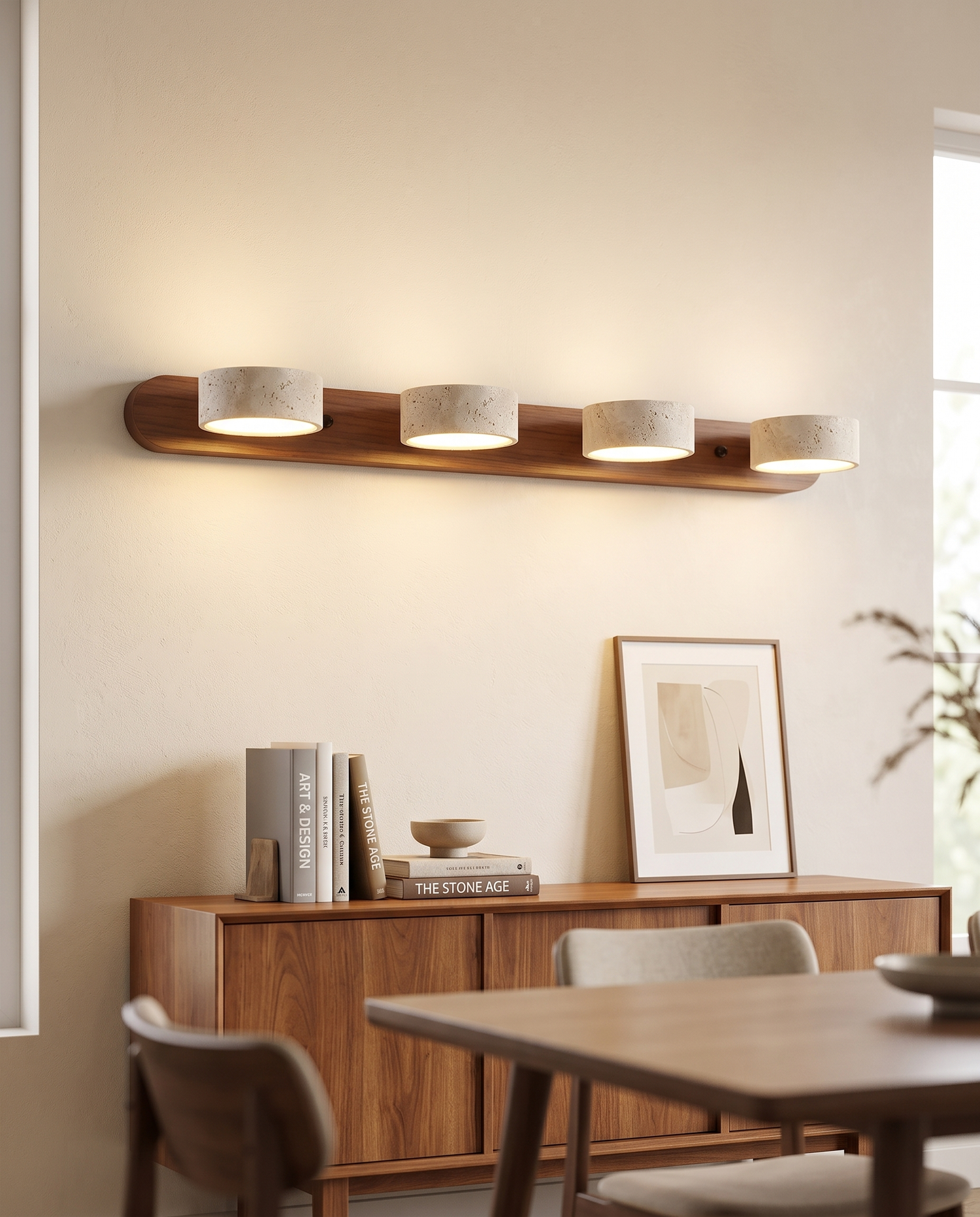 Filo Travertine Wall Sconce in a dining room