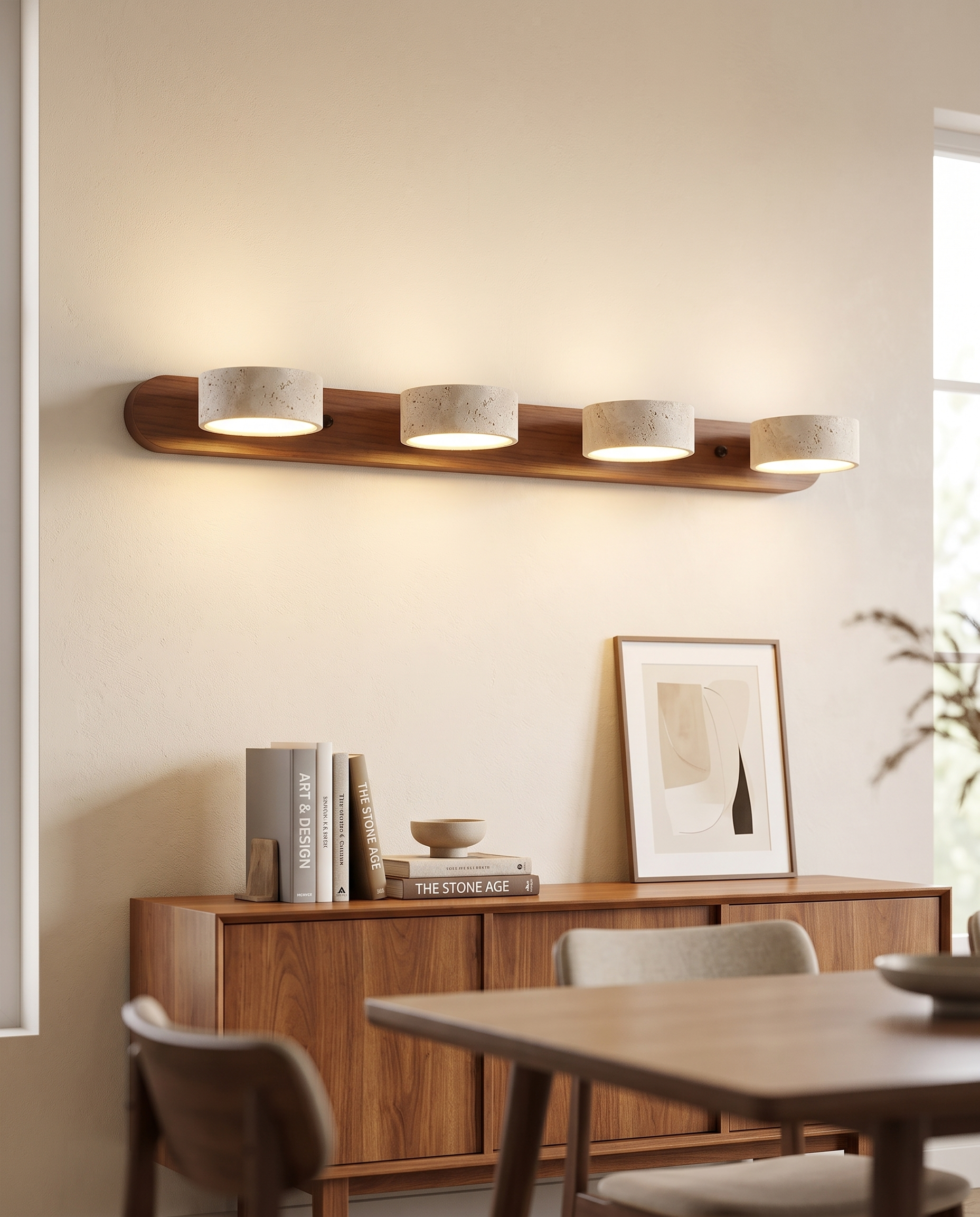 Filo Travertine Wall Sconce in a dining room