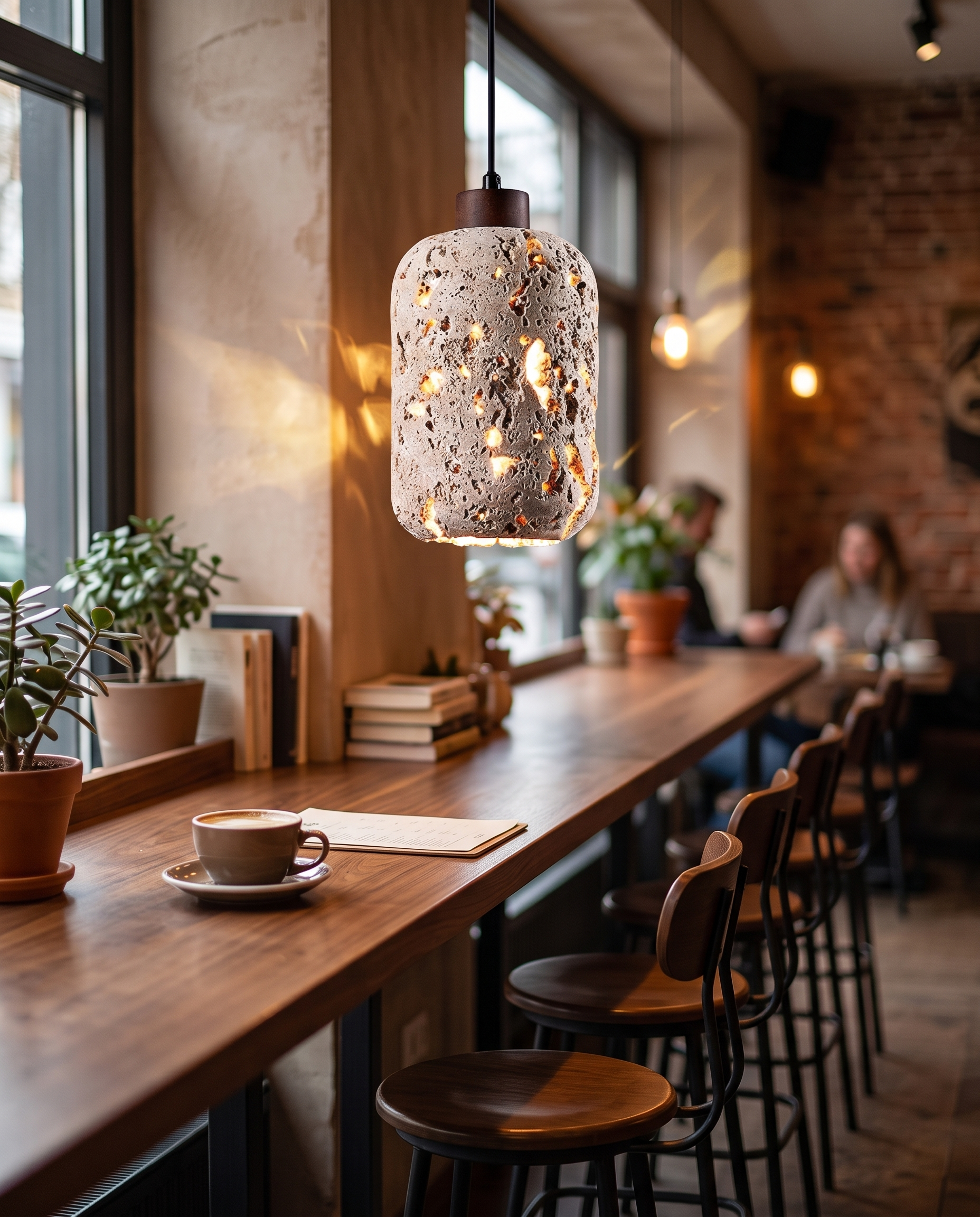 Botte Travertine Pendant Light over a cafe counter