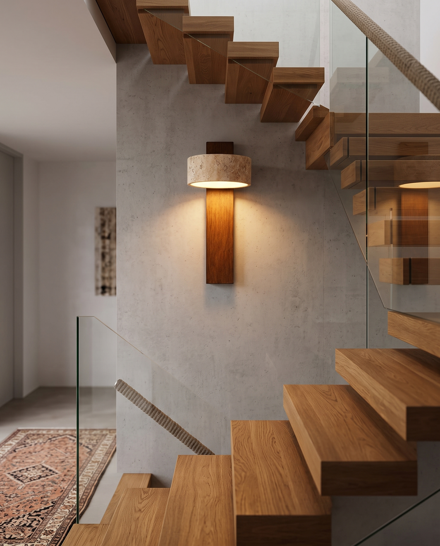 Perno Travertine Wall Light on a staircase