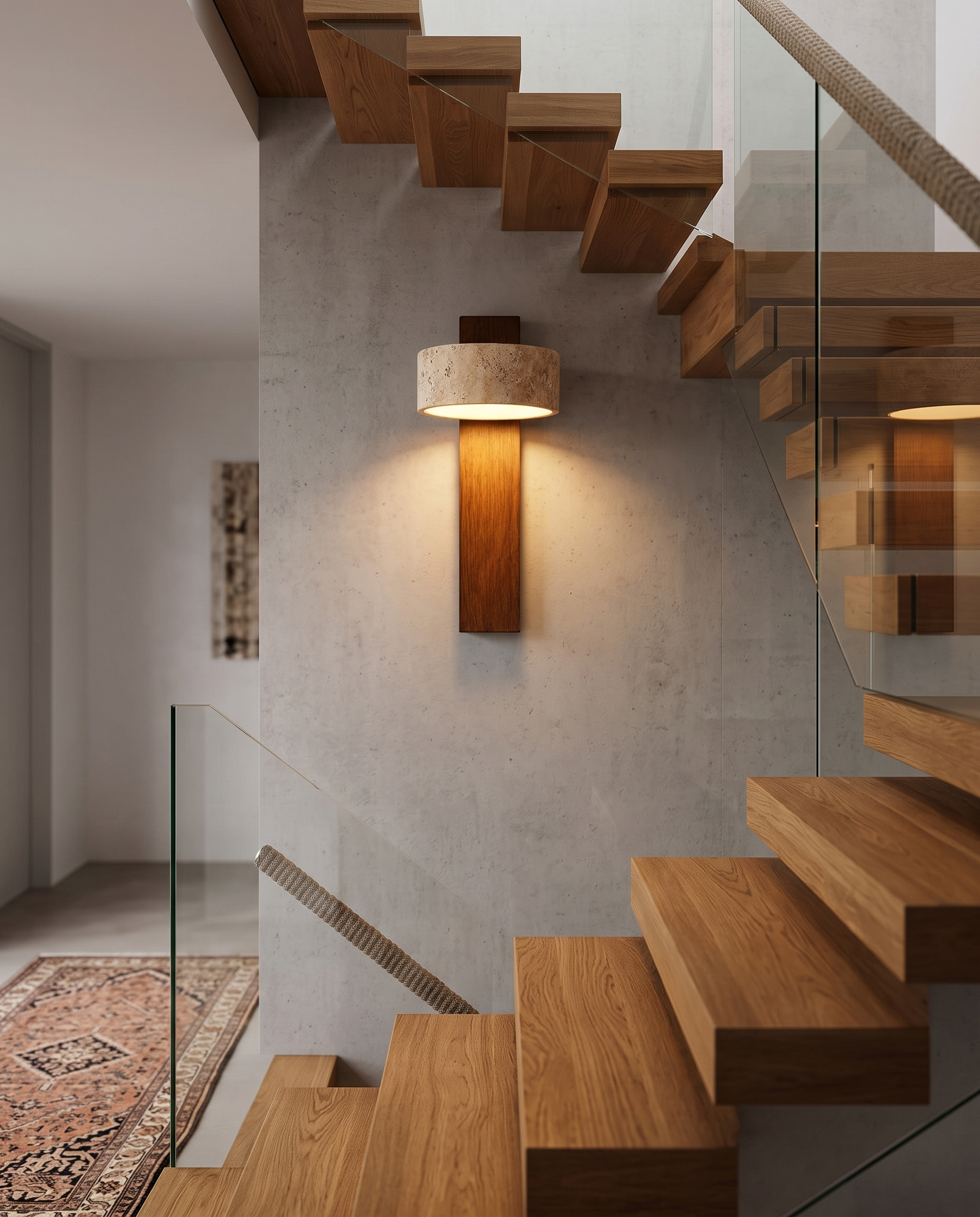 Perno Travertine Wall Light on a staircase