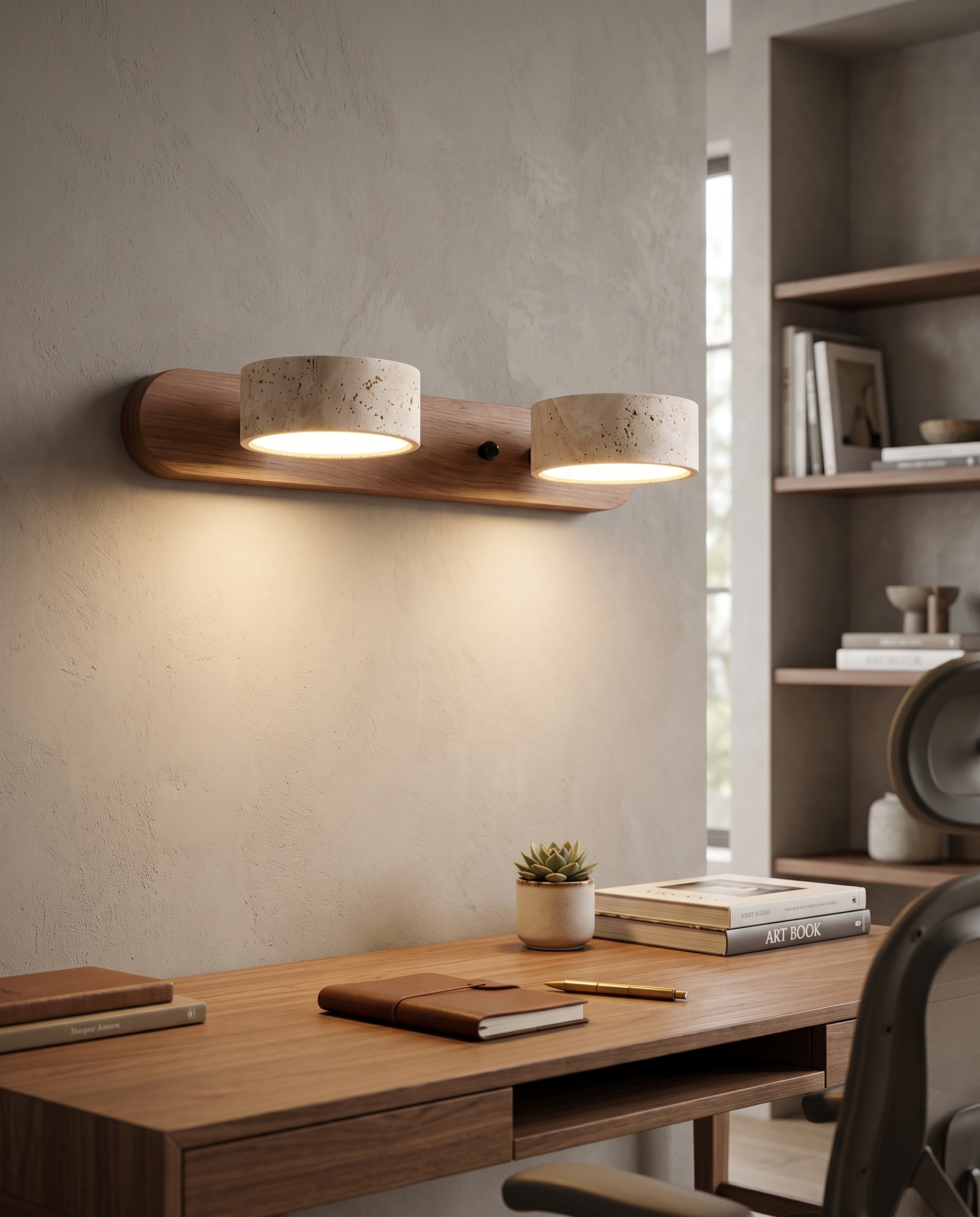 Filo Travertine Wall Sconce in a home office
