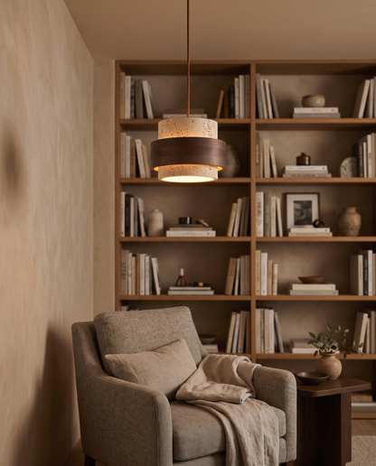 Colonna Travertine Pendant Light in a reading nook