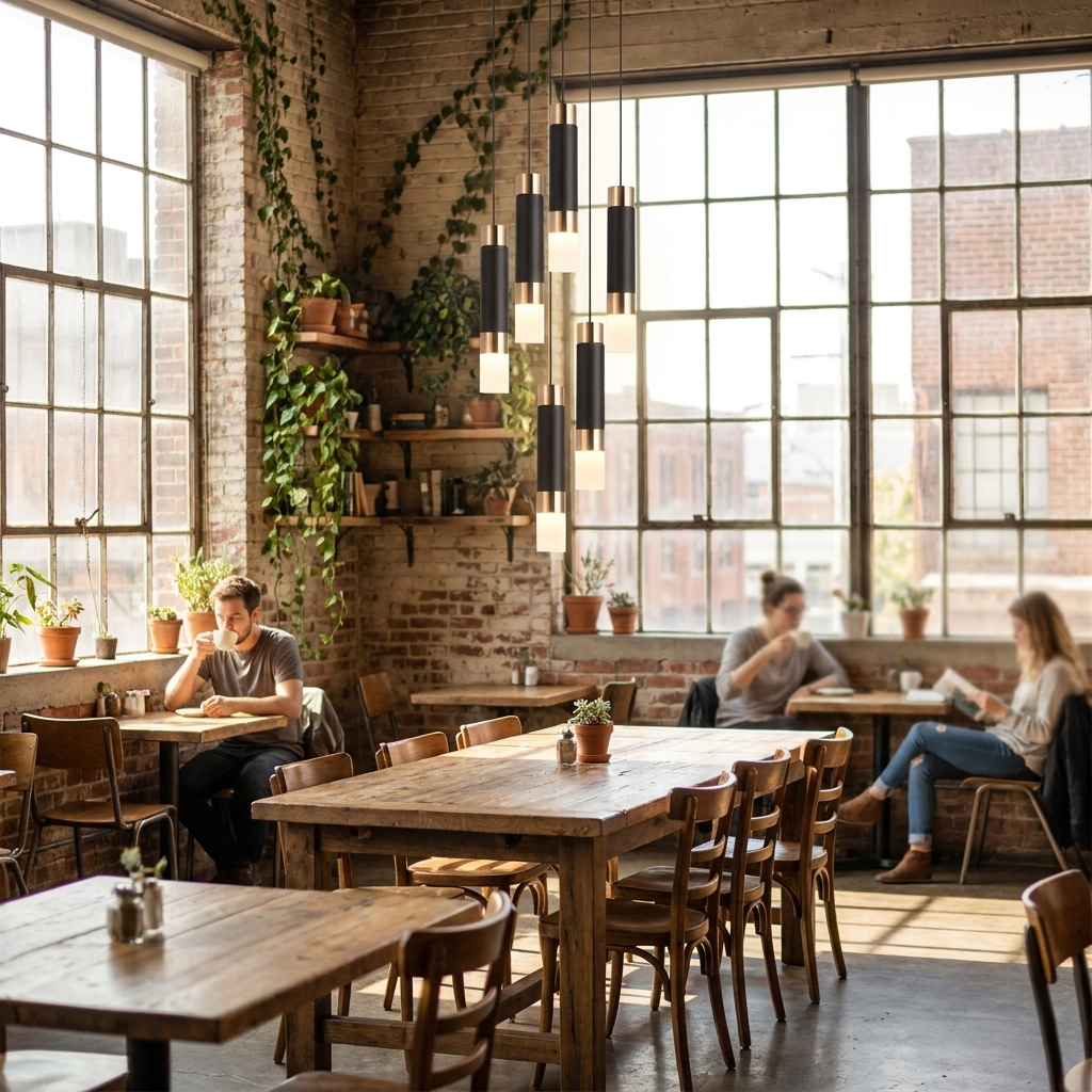 Asta Pendant (White) cluster in a cafe loft