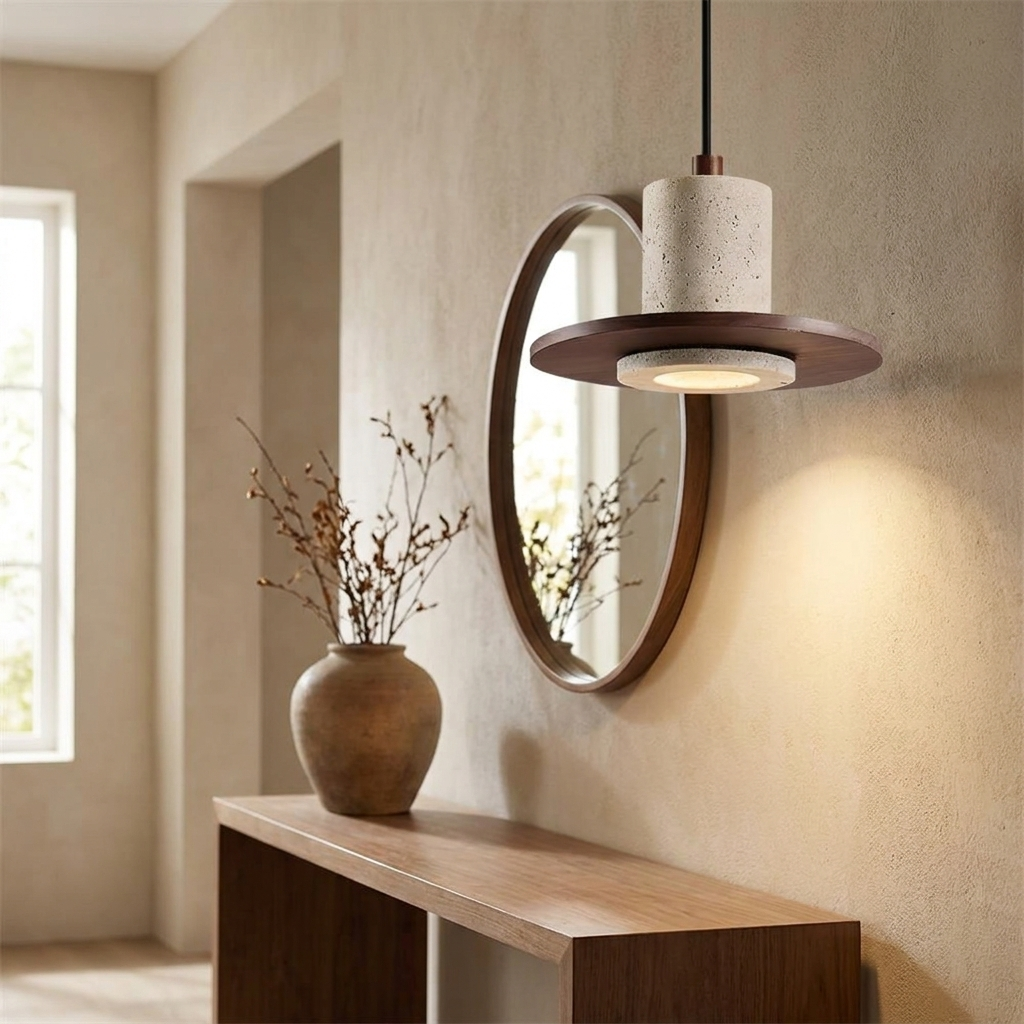 Noce Travertine Pendant in an entryway