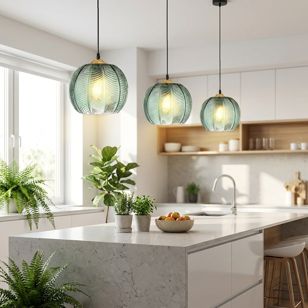 Foglia Green Glass Pendant trio over a kitchen island