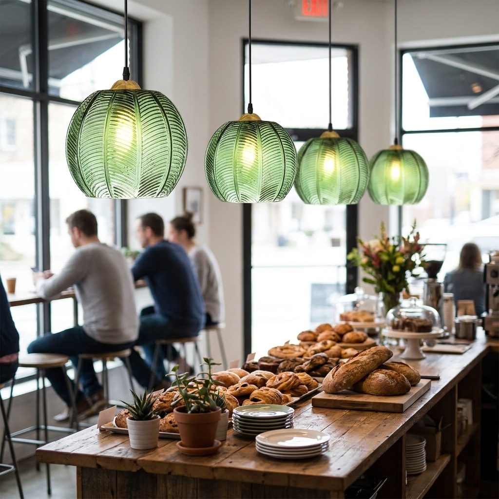 Foglia Green Glass Pendant in a cafe