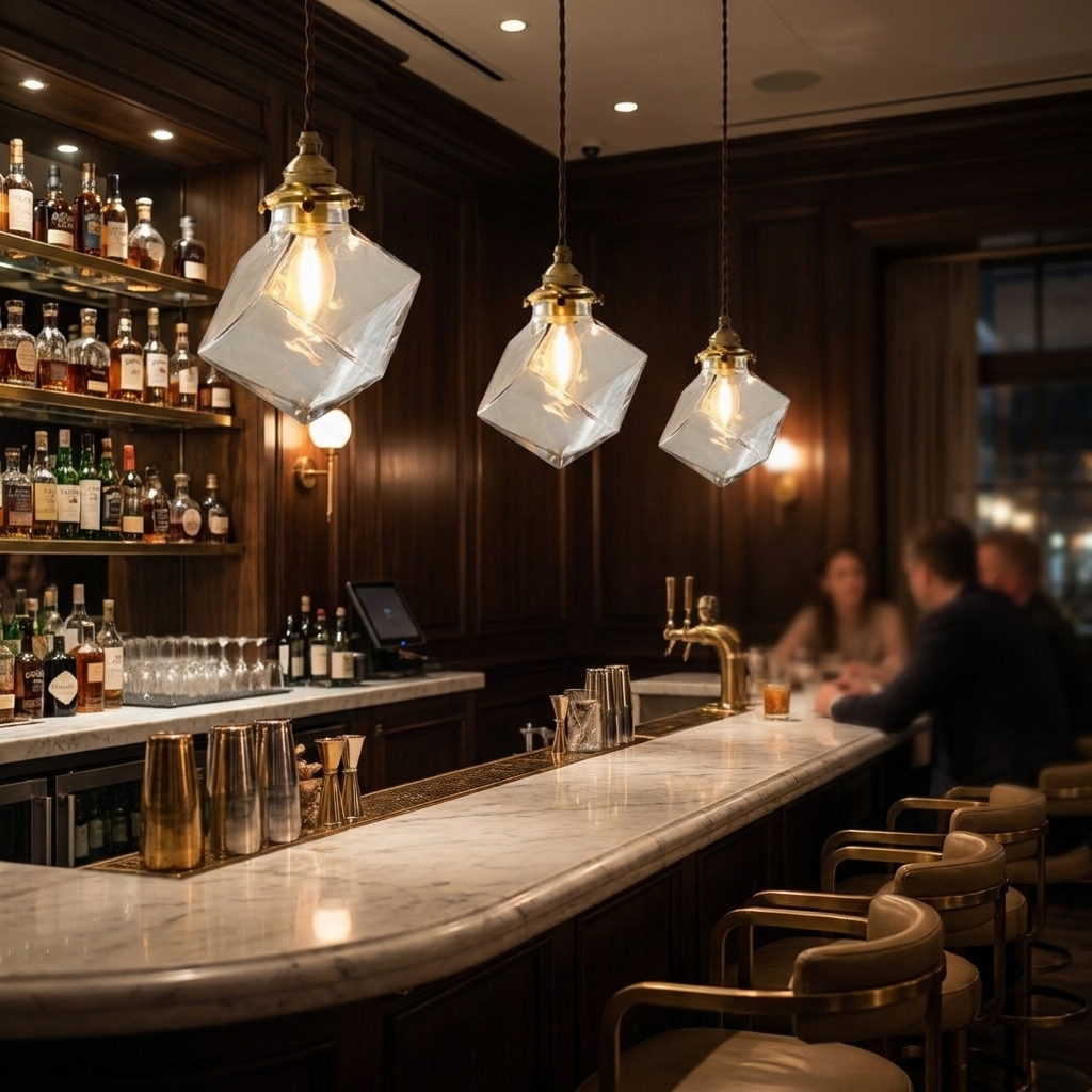 Cubo Glass Pendant over a bar counter