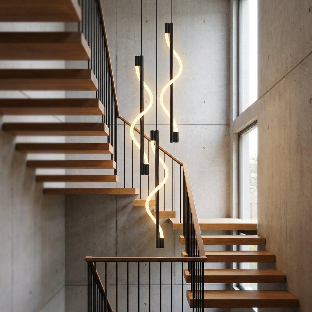 Spirale Rope Pendant (Black) over a staircase