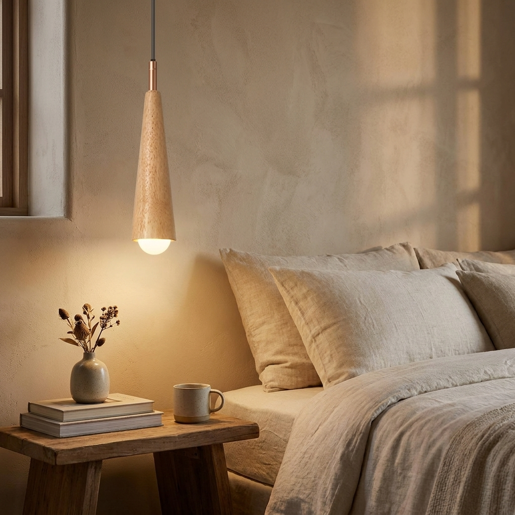 Cono Wood Pendant (Wood) in a bedroom