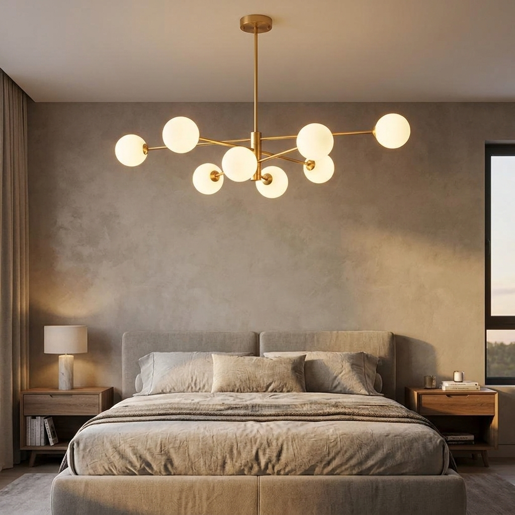 Bolla Cluster Chandelier (Gold) in a bedroom