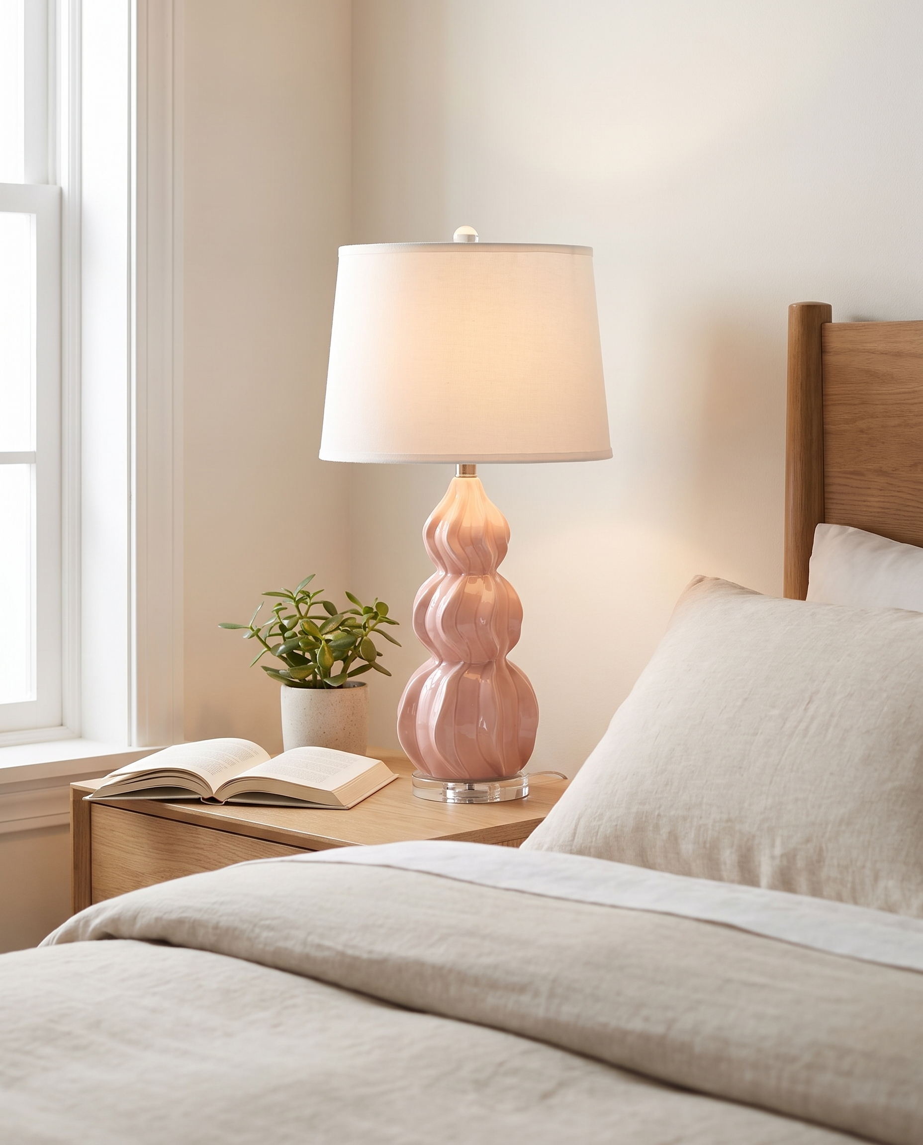 Juno pink ceramic gourd table lamp in a bedroom