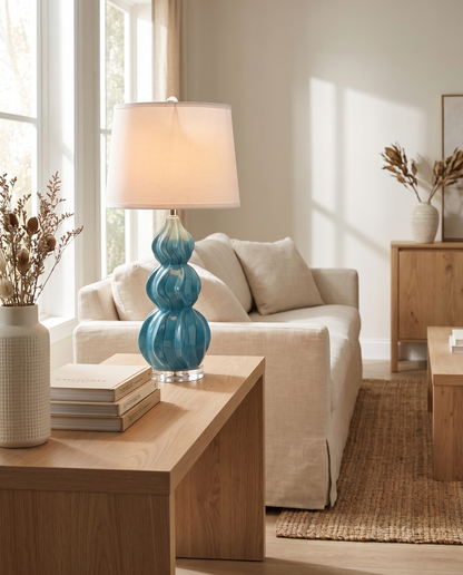 Juno lake blue ceramic gourd table lamp in a living room