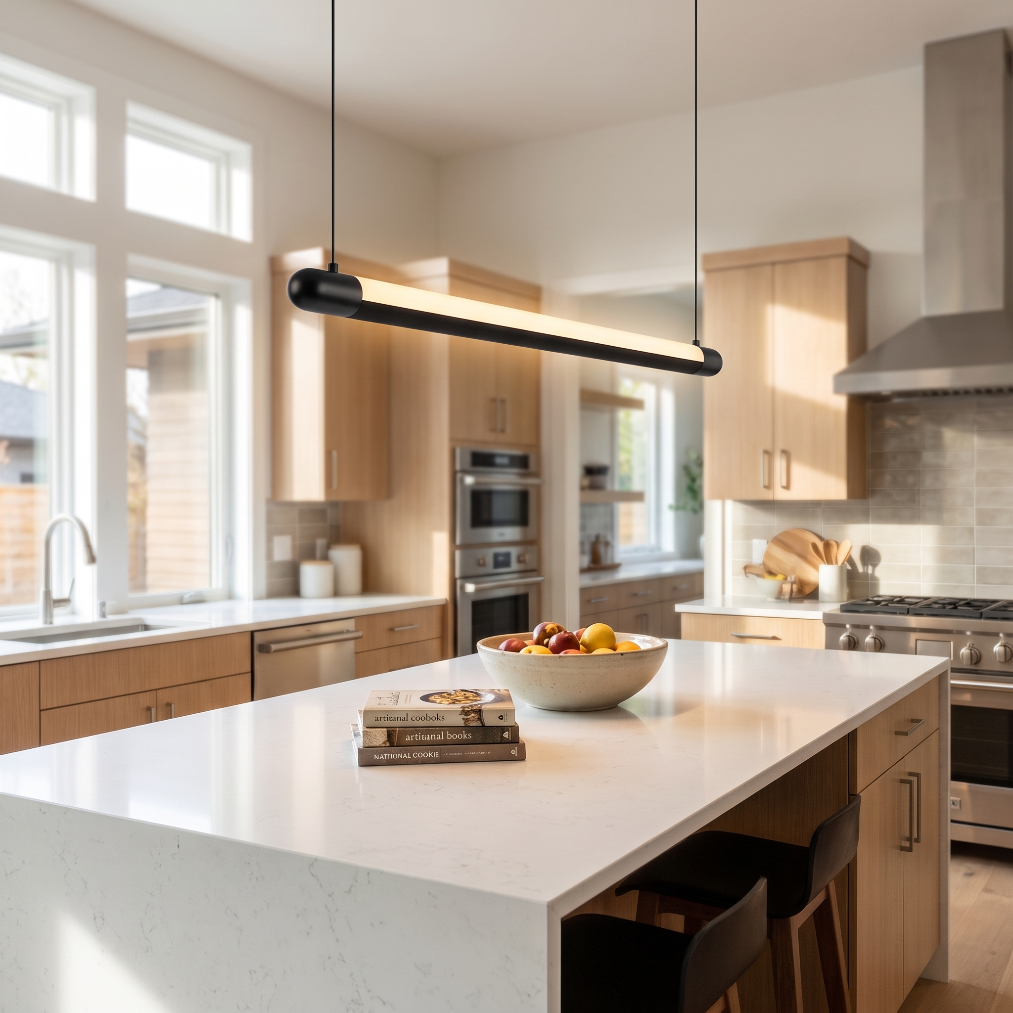 Lineo black linear suspension light over a kitchen island