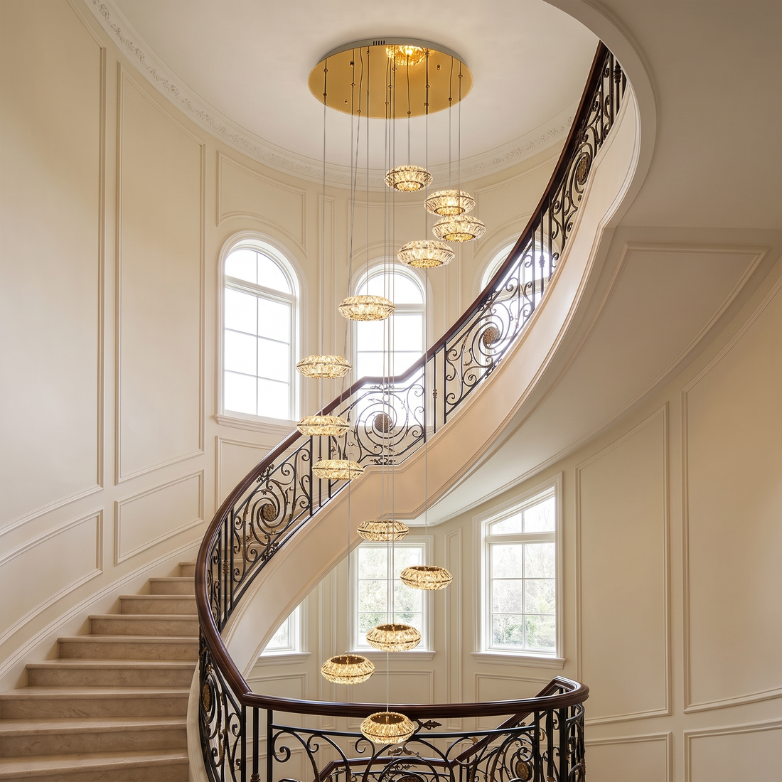 Toscana gold spiral crystal chandelier in a stairwell