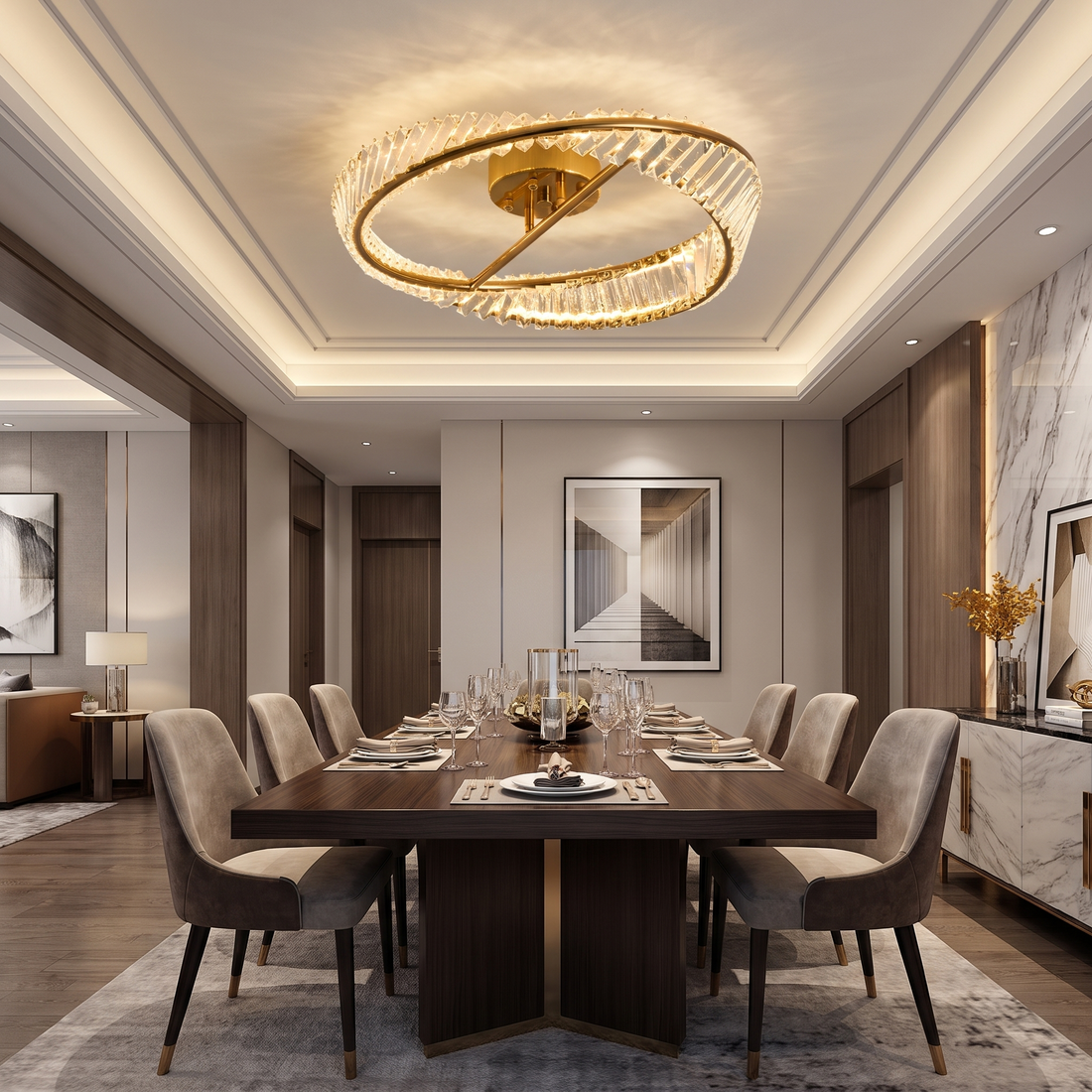 Mobius gold crystal ring flush mount in a dining room