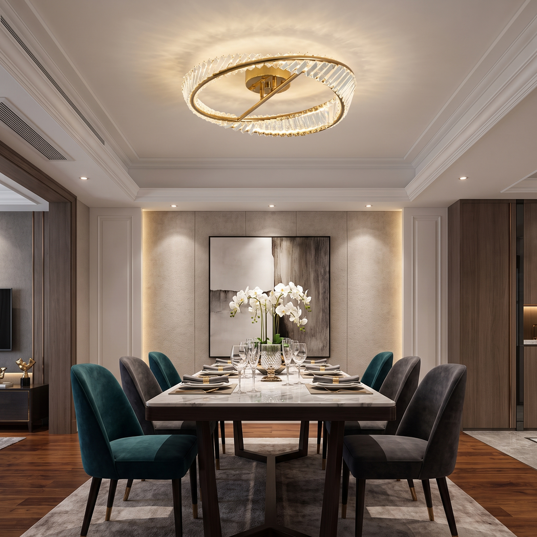 Mobius gold crystal ring flush mount, dining room
