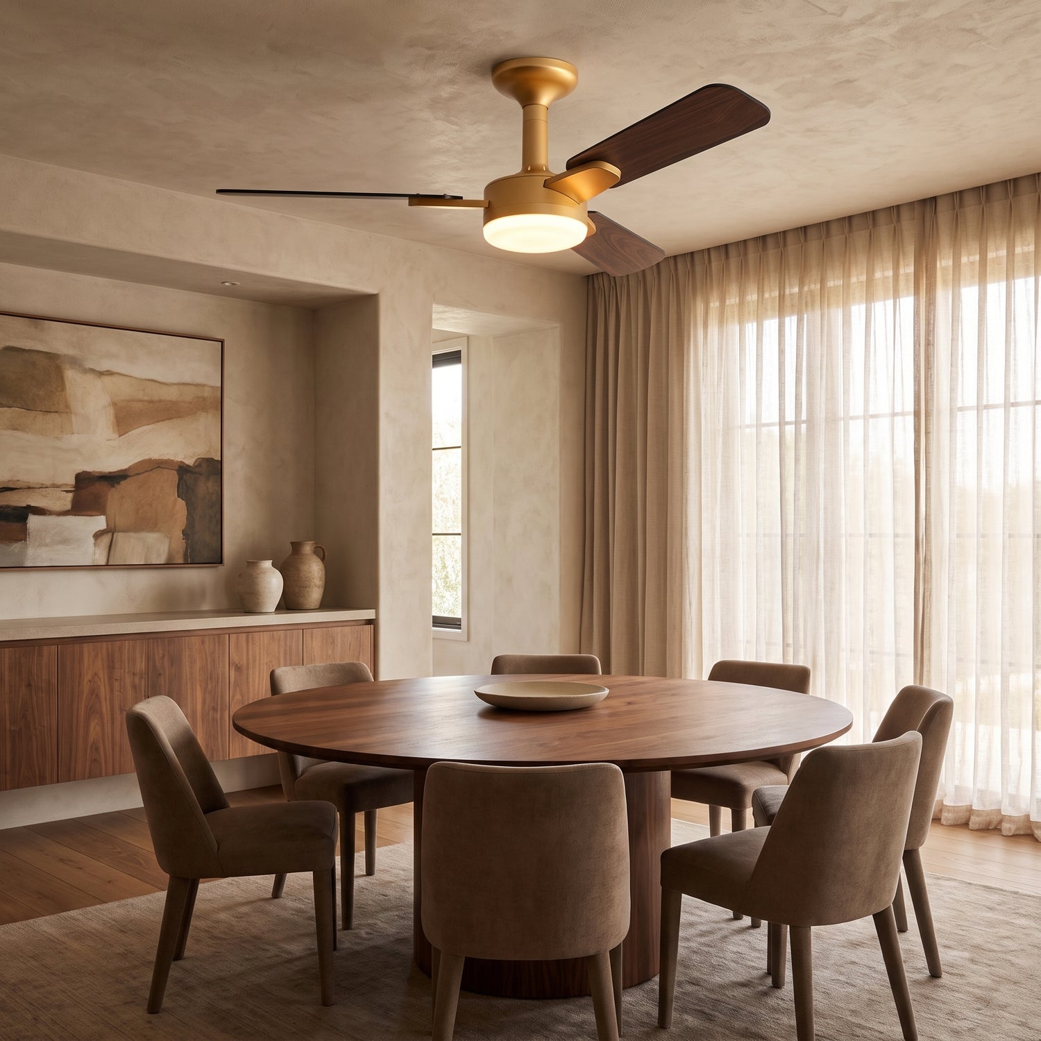 Wexford ceiling fan - Golden Walnut Wood, dining room