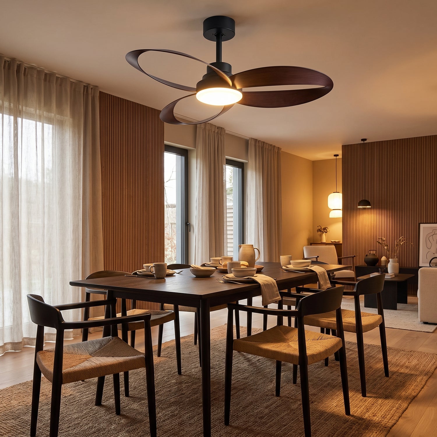 Bexley ceiling fan - Black with Dark Walnut blades, dining room