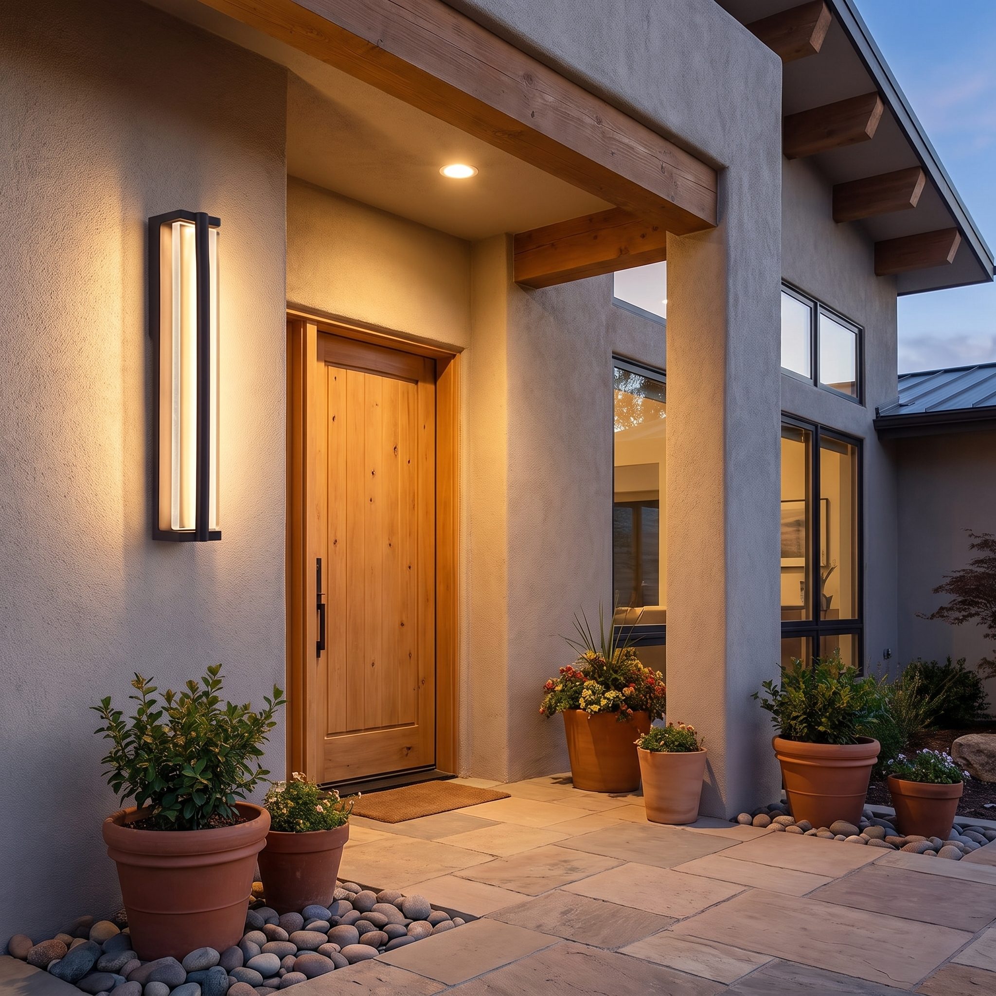 Celeste outdoor wall sconce on covered porch entryway