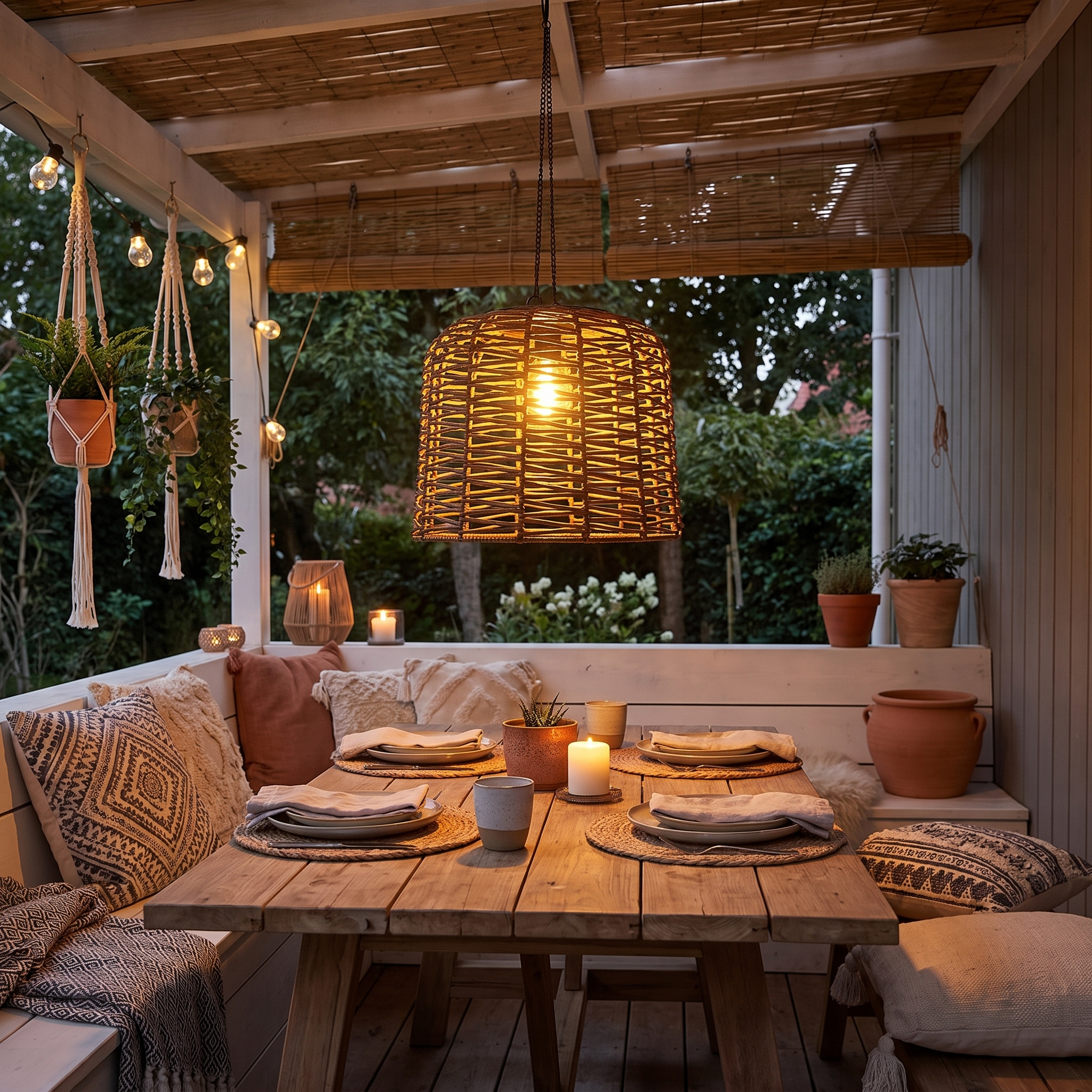 Rhea rattan solar pendant over covered patio dining