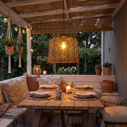 Rhea rattan solar pendant over covered patio dining