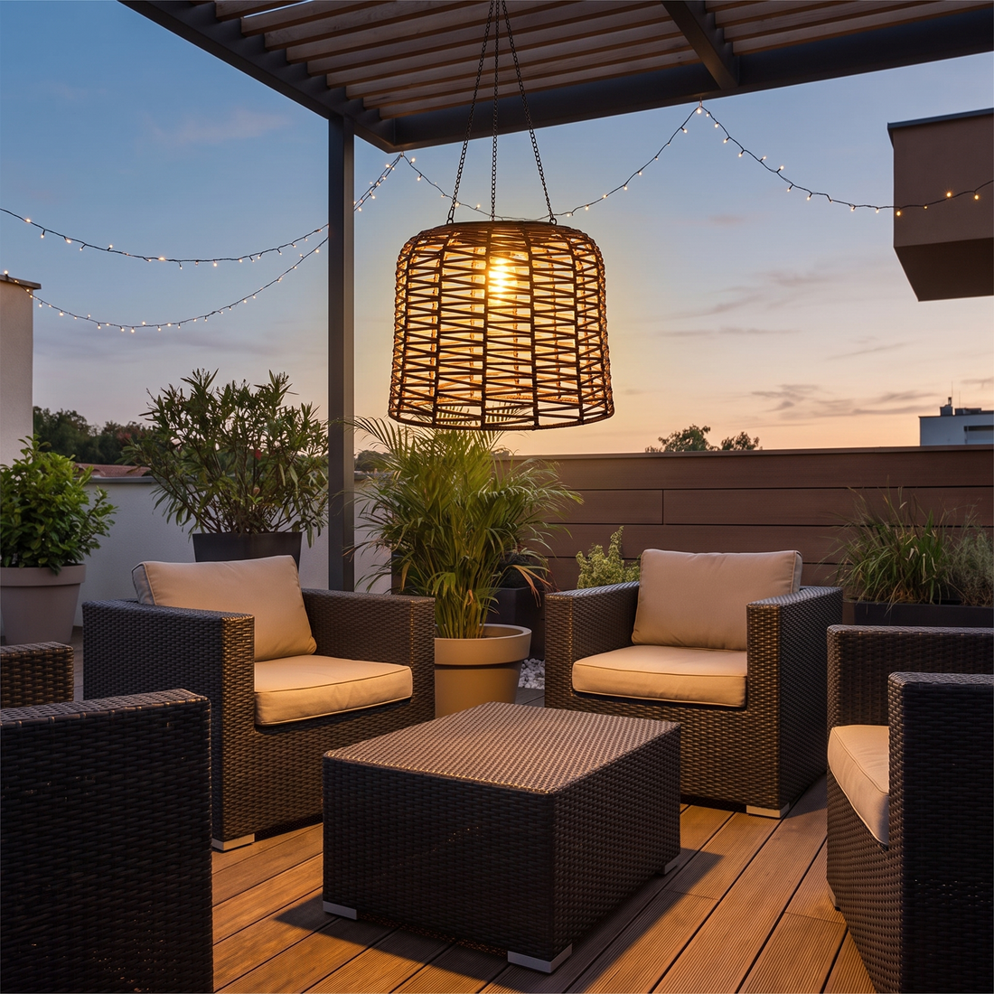 Rhea rattan solar pendant in modern outdoor lounge