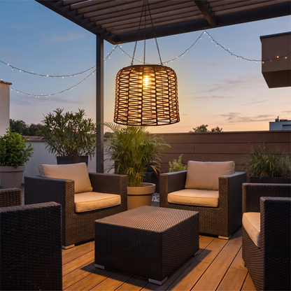 Rhea rattan solar pendant in modern outdoor lounge