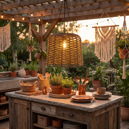 Rhea rattan solar pendant over boho outdoor kitchen