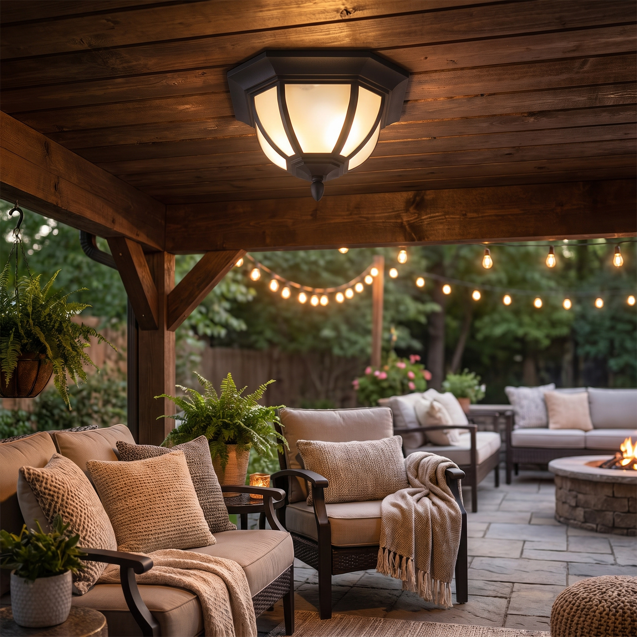 Amalie flush mount on covered patio ceiling