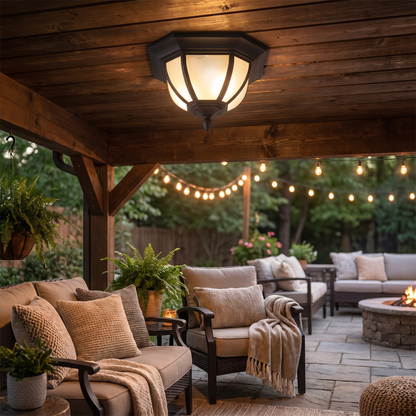 Amalie flush mount on covered patio ceiling