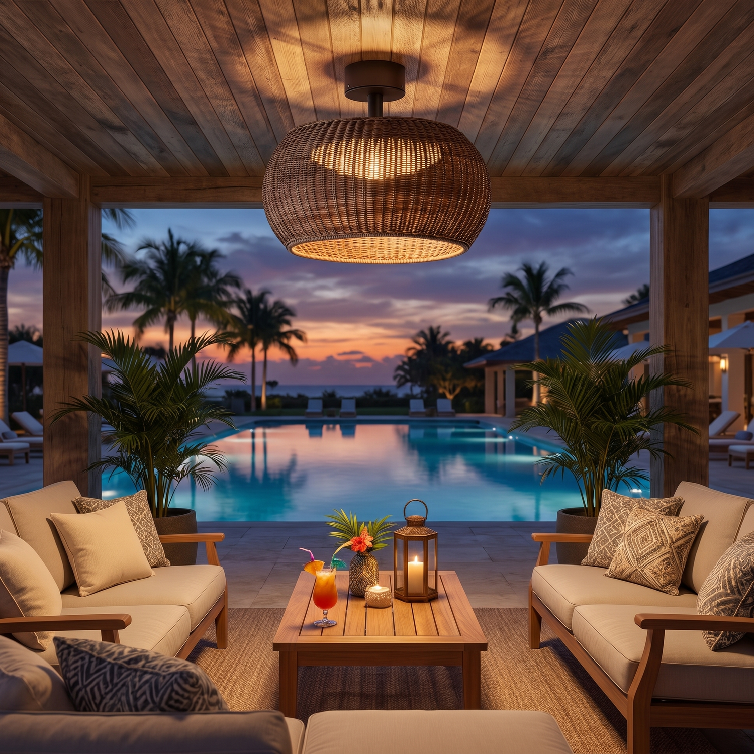 Isla Coffee woven rattan flush mount on poolside lounge ceiling