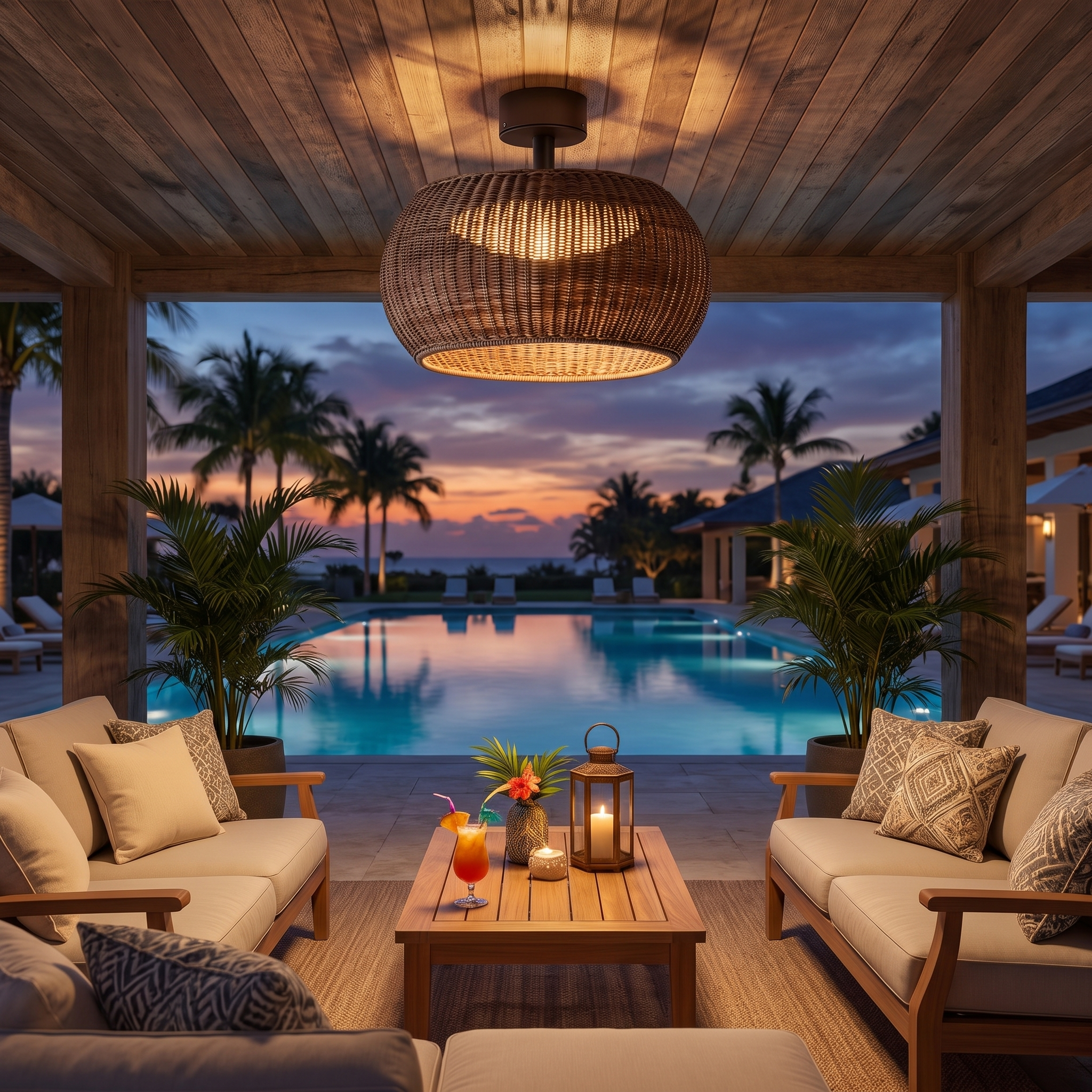 Isla Coffee woven rattan flush mount on poolside lounge ceiling