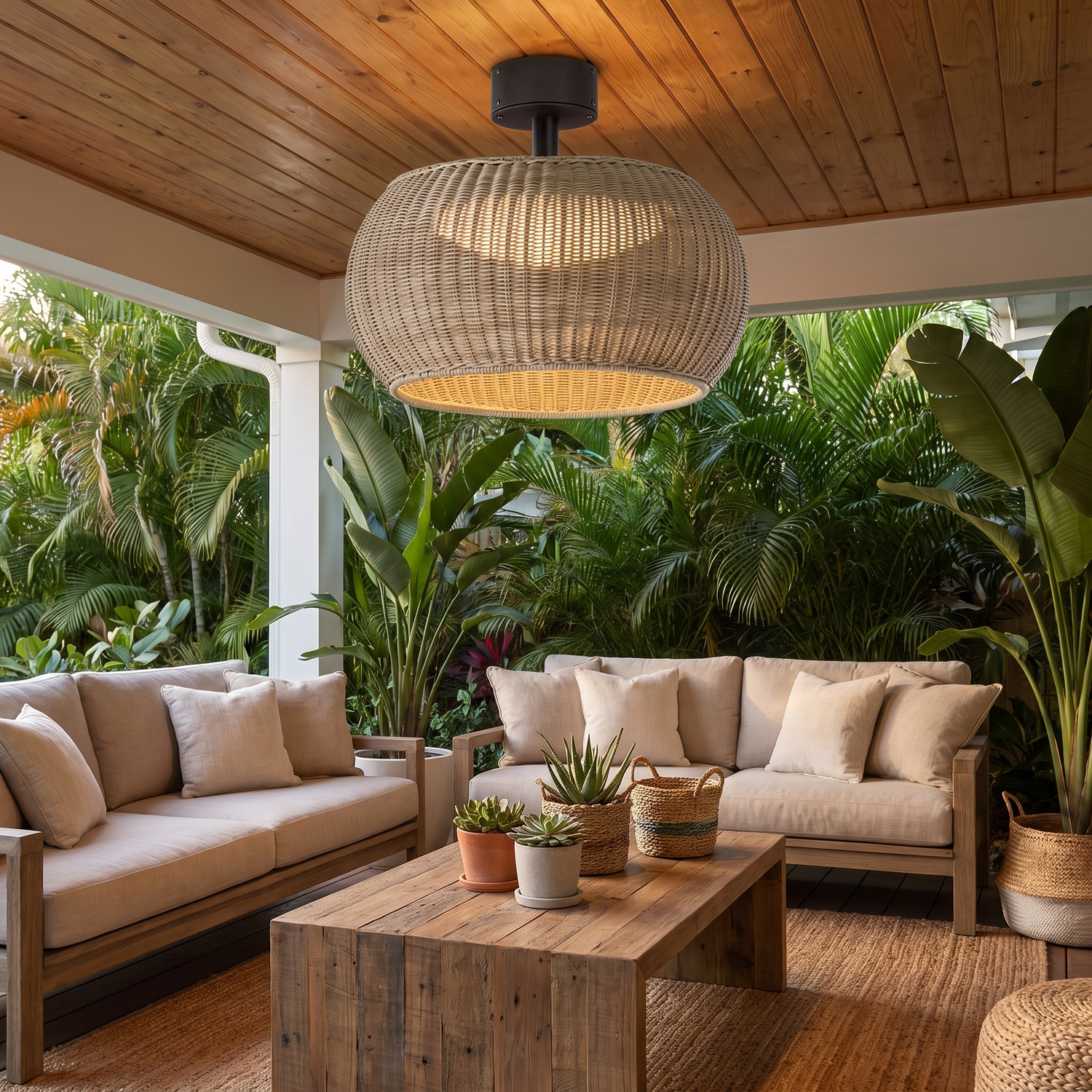 Isla Beige woven rattan flush mount on covered patio ceiling