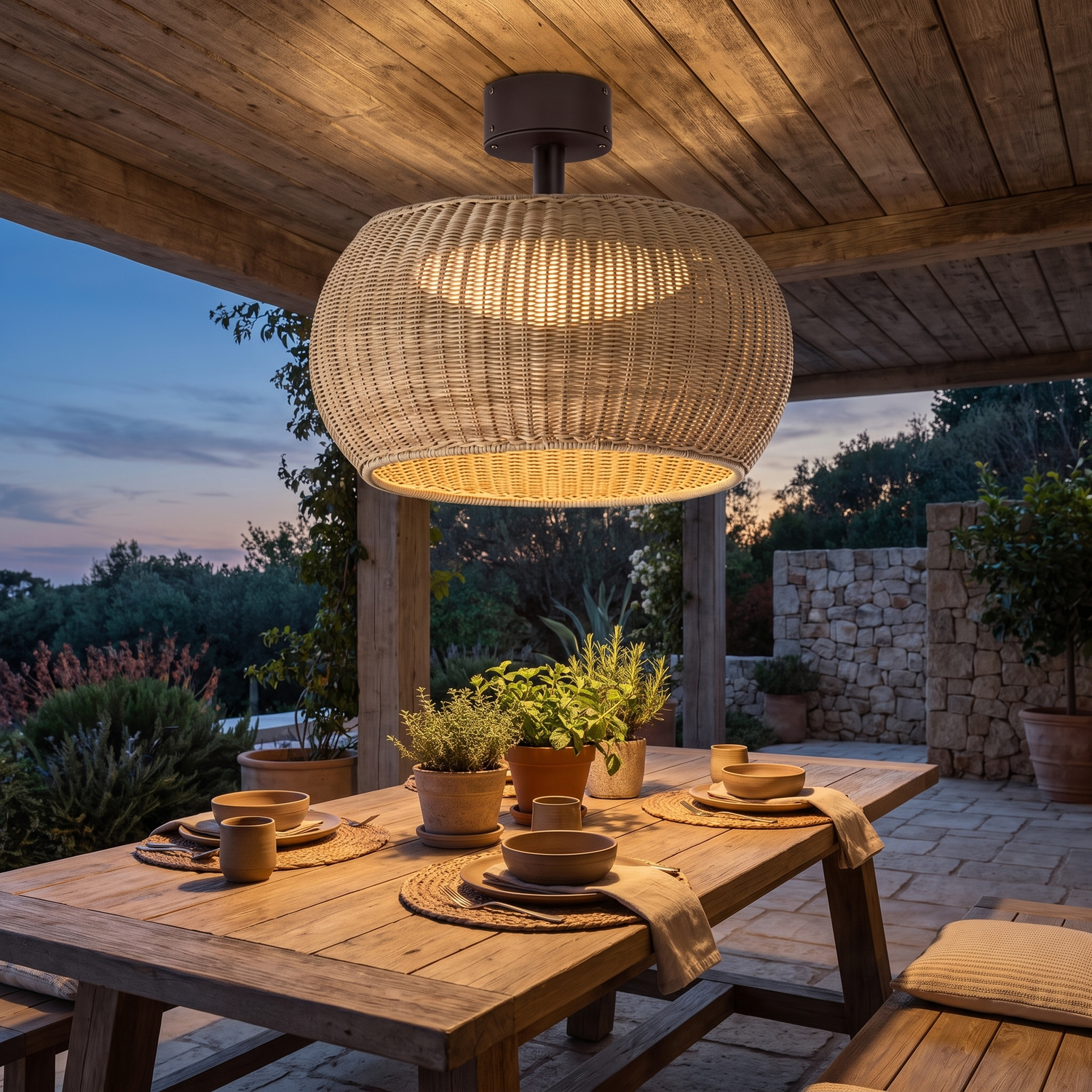 Isla Beige woven rattan flush mount on outdoor dining ceiling