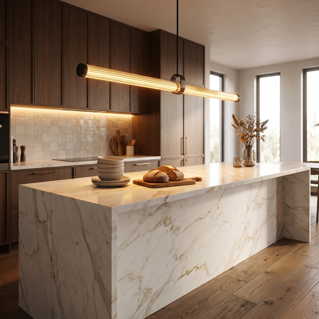 Rialto linear pendant over marble kitchen island