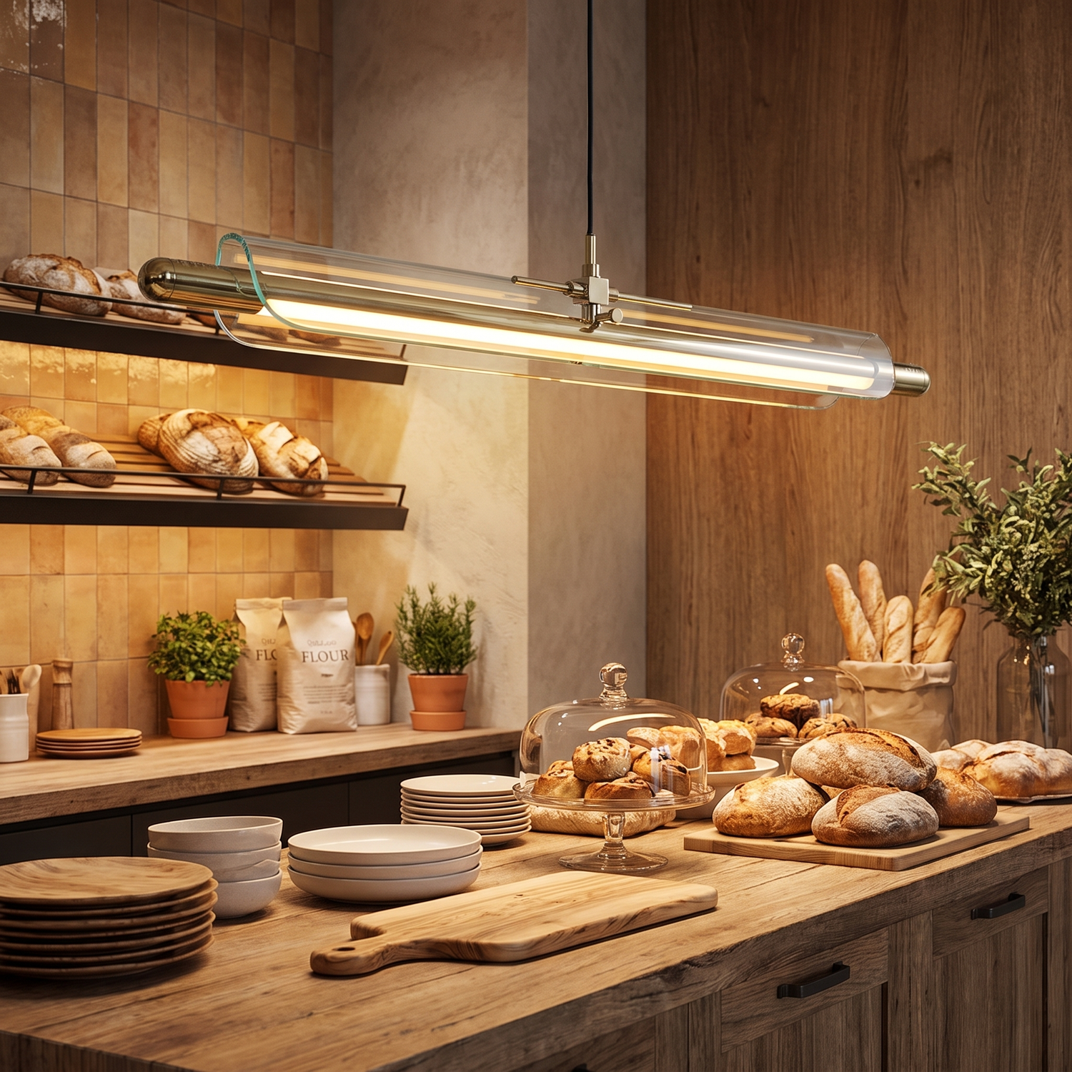 Werner Bauhaus linear pendant over modern bakery counter