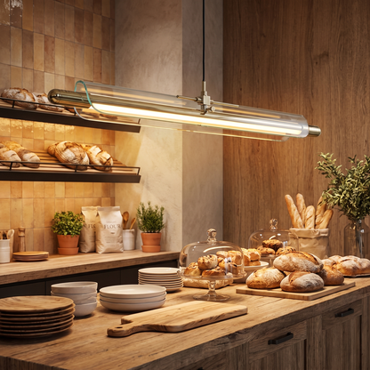 Werner Bauhaus linear pendant over modern bakery counter