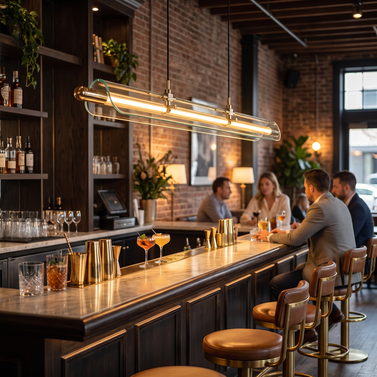 Werner Bauhaus linear pendant over modern cafe bar