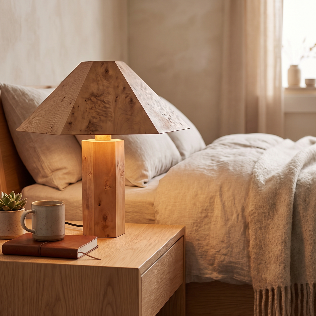Rowan burl wood lamp on bedroom nightstand