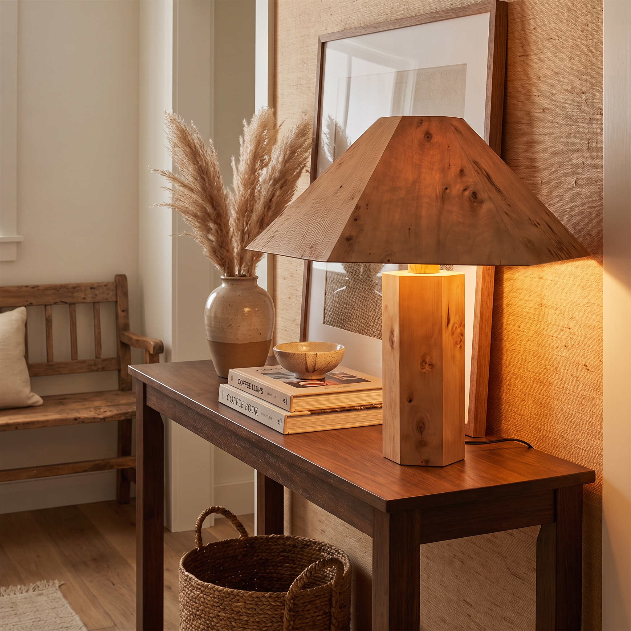Rowan burl wood lamp on entryway console