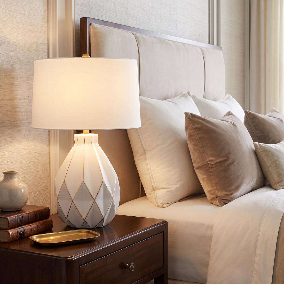 Clara white ceramic lamp on bedroom nightstand